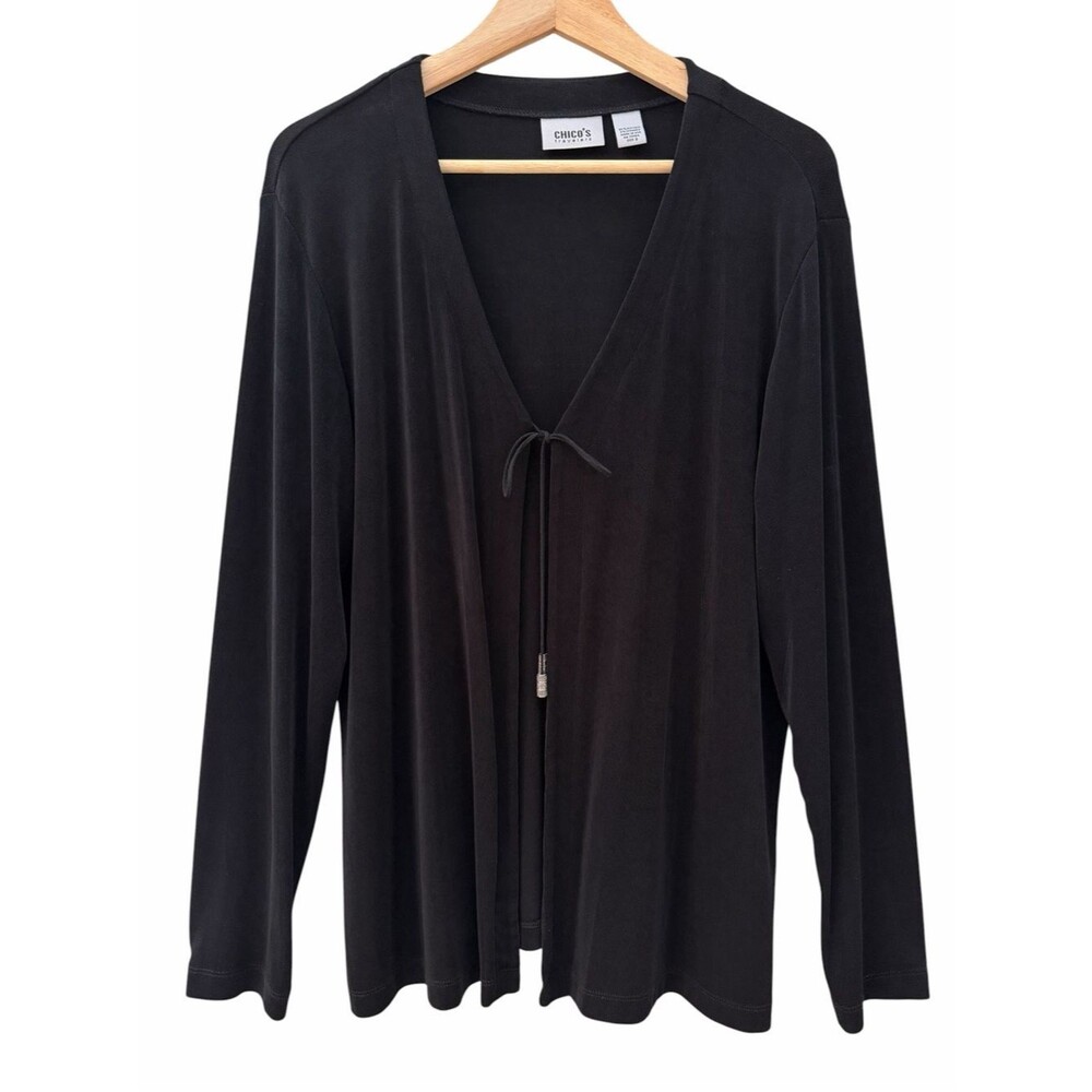 Chico's Travelers Women Black Ribbed Knit Slinky Tie Front Cardigan Sz XL Casual